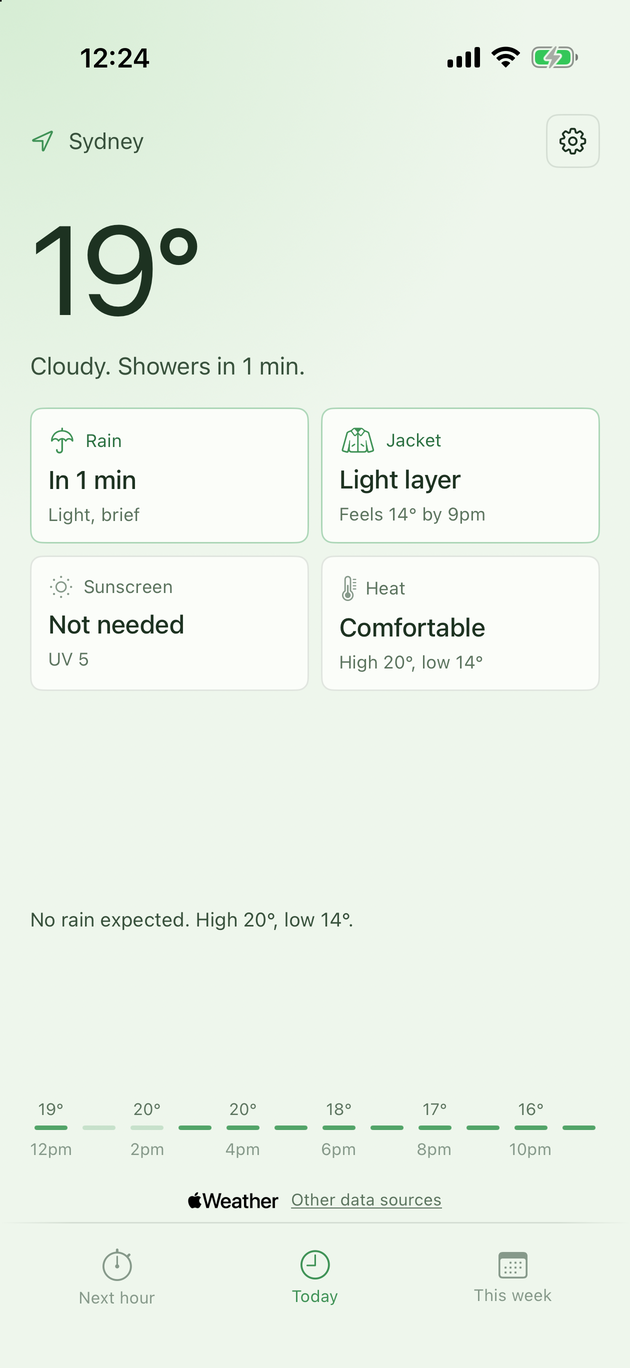 Cards layout: the temperature above answer cards for rain, a jacket, sunscreen and heat