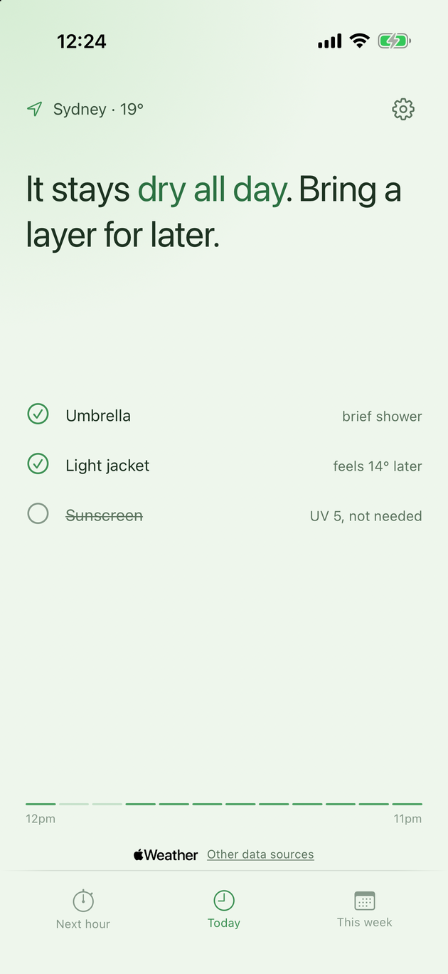 Sentence layout: today's weather written as a sentence, with a checklist of what to bring