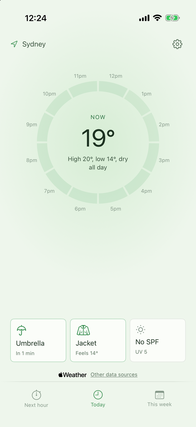 Ring layout: the day's hours around a dial, with the temperature in the centre